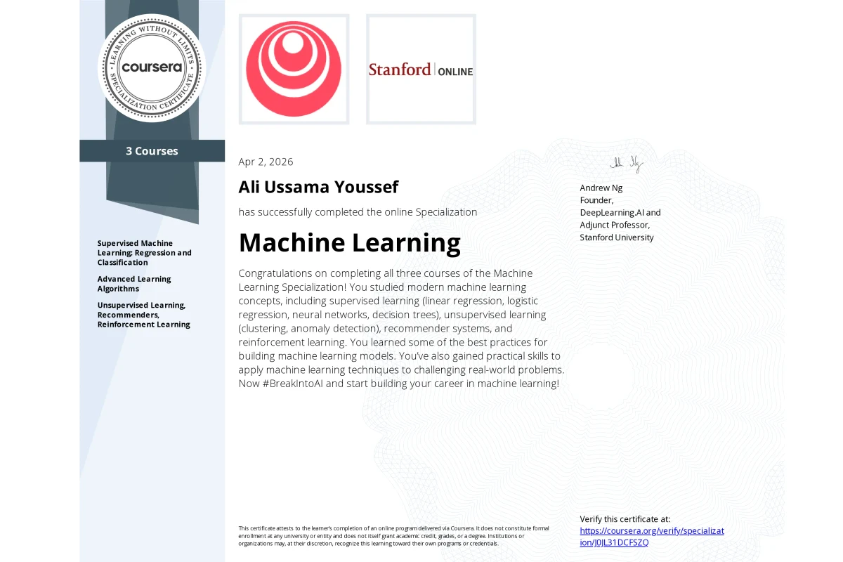Machine Learning Specialization certificate