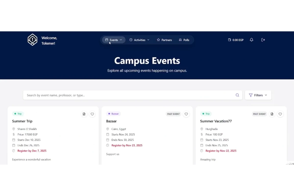 Screenshot of the ZarfToken campus events page